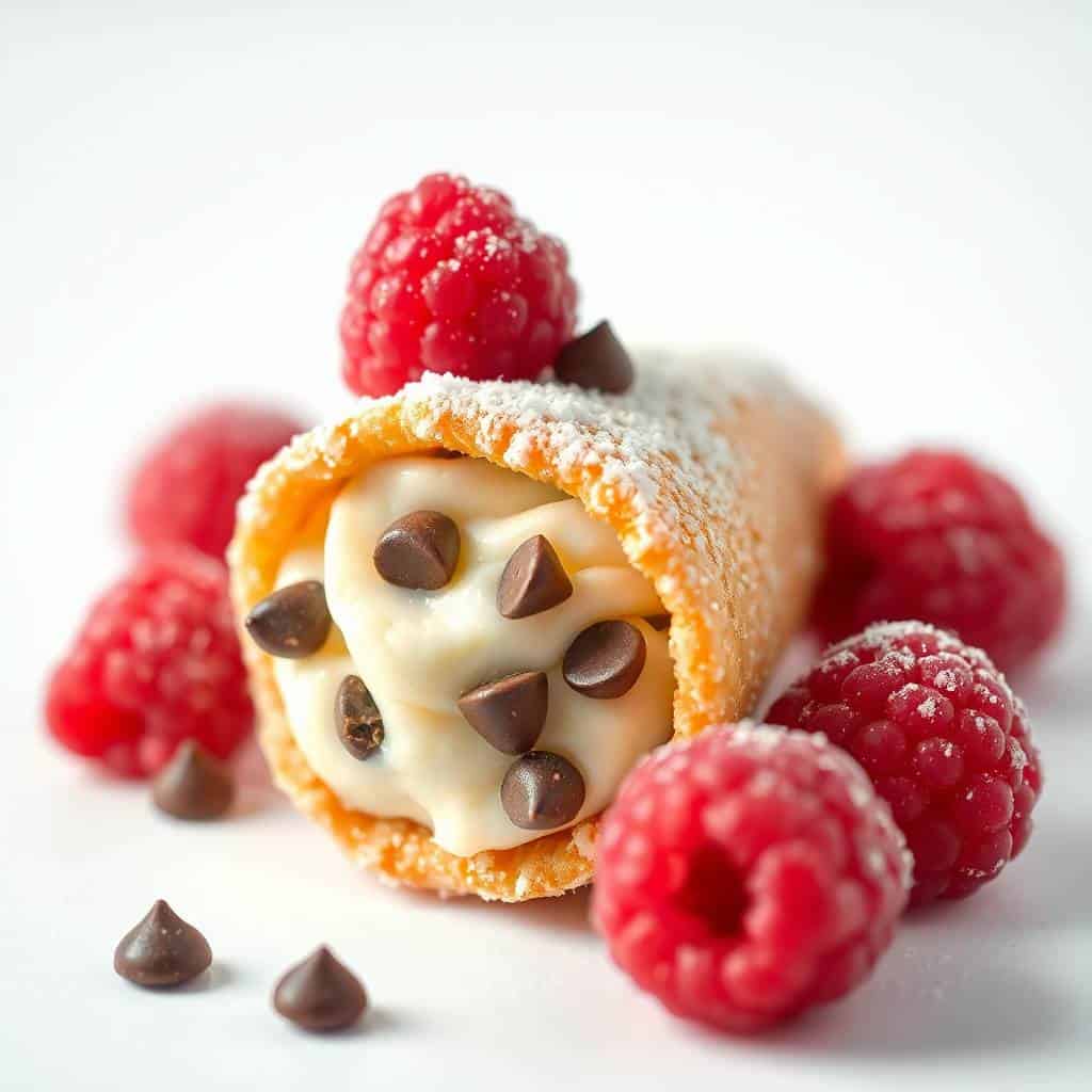 Mini cannoli cups dusted with powdered sugar, filled with cream and chocolate chips, garnished with fresh raspberries.