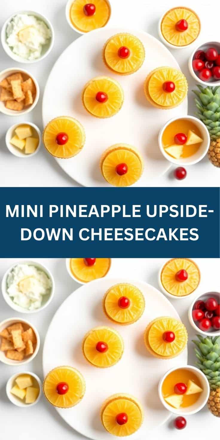 Mini pineapple upside-down cheesecakes with maraschino cherries on white plate, surrounded by ingredients.