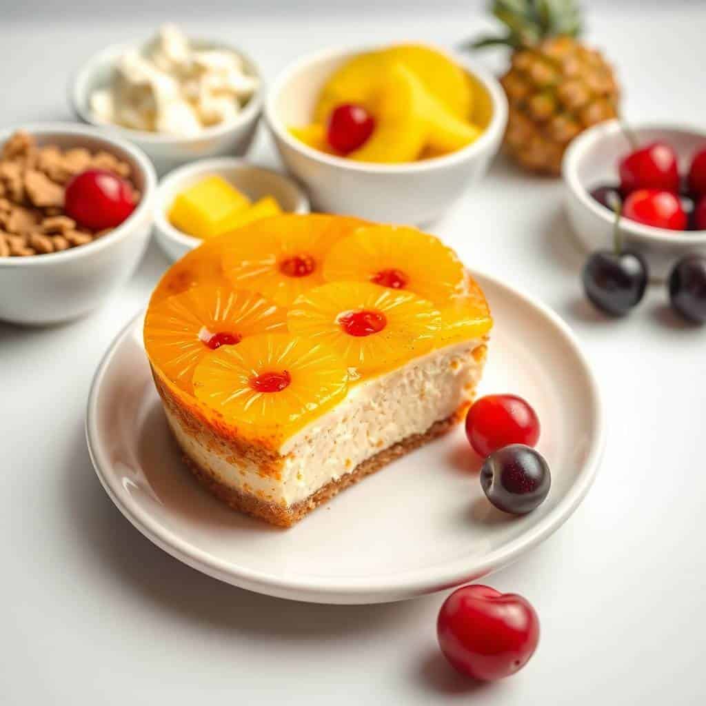 Mini pineapple upside-down cheesecake slice with caramelized pineapple topping and maraschino cherries on white plate.