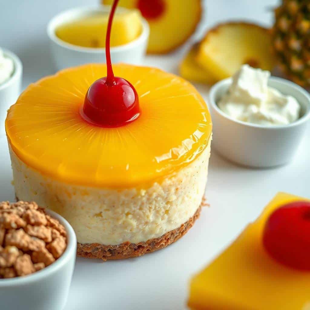 Mini pineapple upside-down cheesecakes with glossy golden topping and maraschino cherry garnish on white plates.
