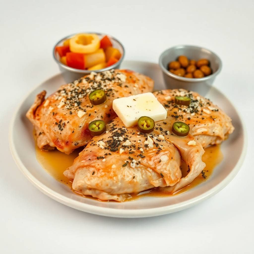 Mississippi chicken with pepperoncini, butter, and spice seasoning on white plate with side dishes.