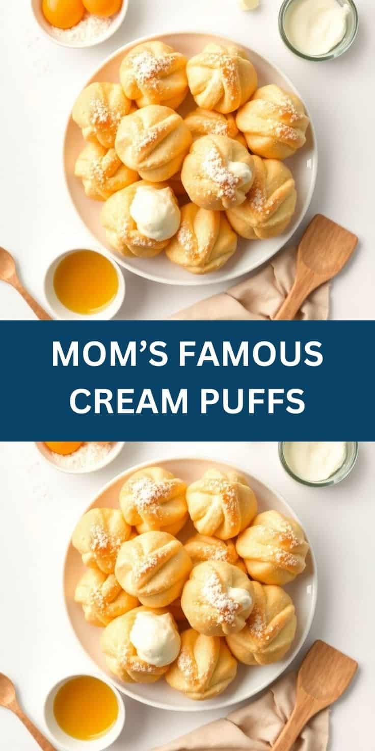 Golden cream puffs dusted with powdered sugar, filled with whipped cream, arranged on white plate.