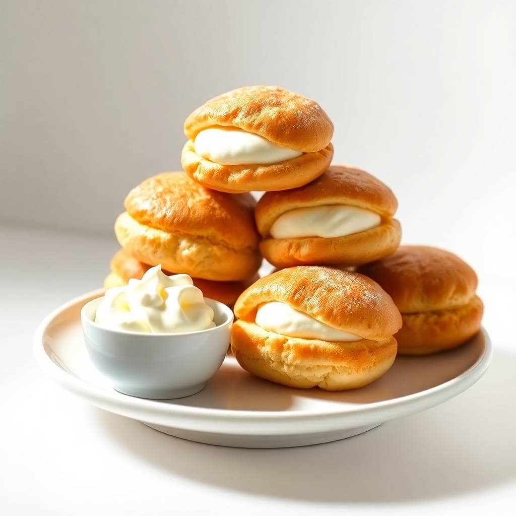 Golden cream puffs filled with white cream, stacked on white plate with whipped cream bowl.