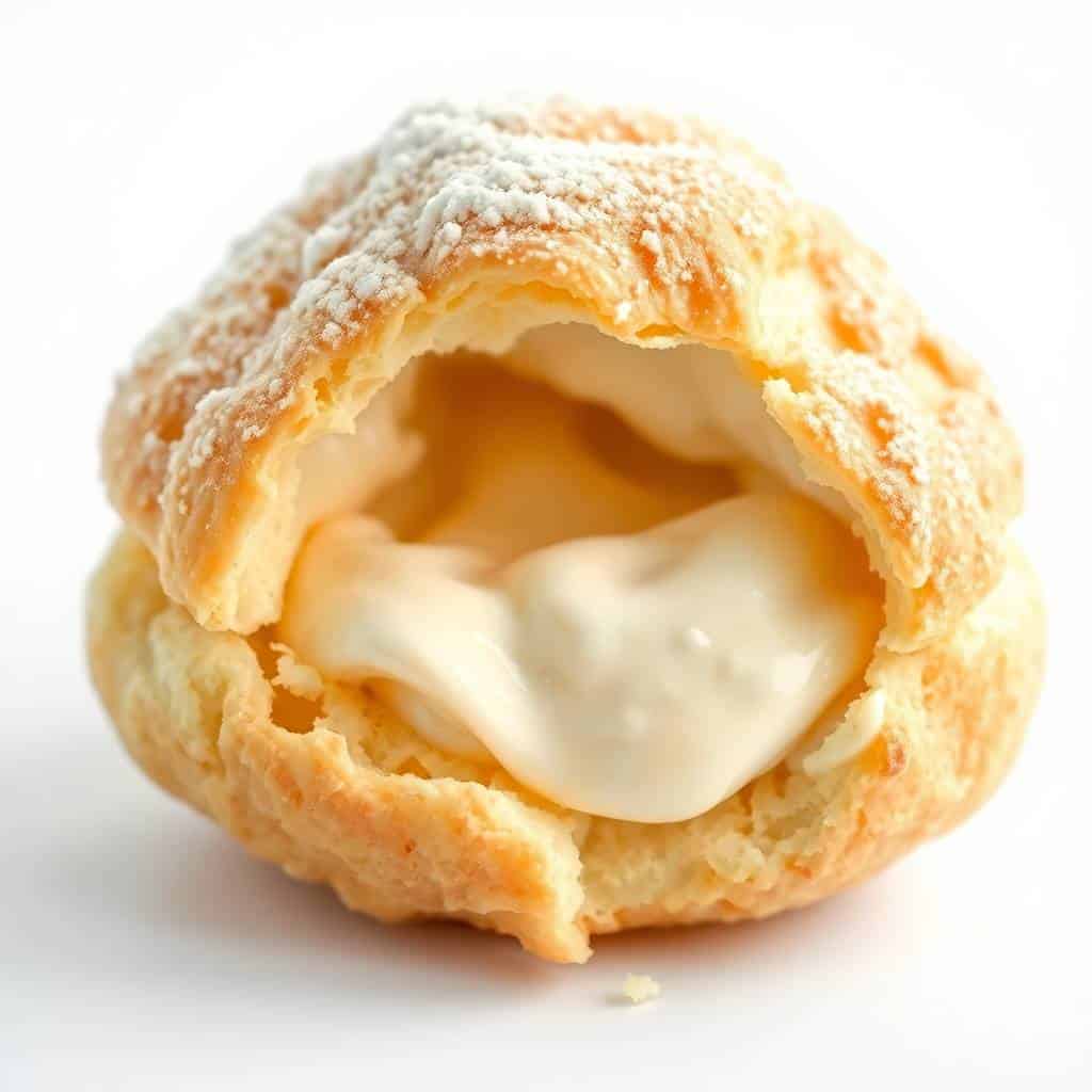 Cream puff filled with whipped cream, dusted with powdered sugar on white background.