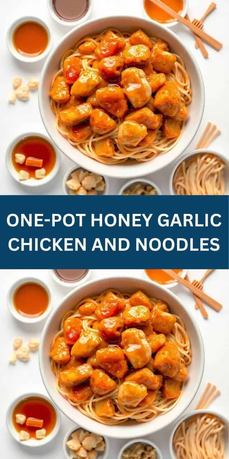 One-pot honey garlic chicken and noodles in white bowl with glossy caramelized sauce and garnishes.