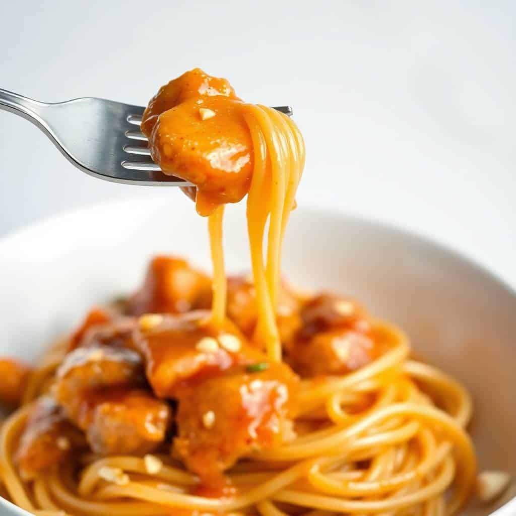 Fork lifting honey garlic chicken and noodles from white bowl, golden sauce coating pasta and meat.