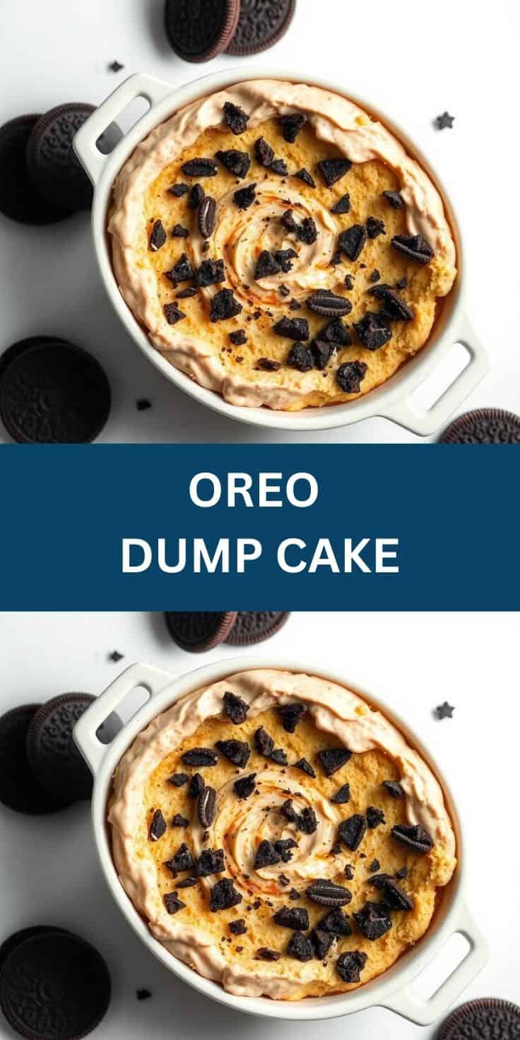 Oreo dump cake in white baking dish topped with crushed cookies and caramel swirl.