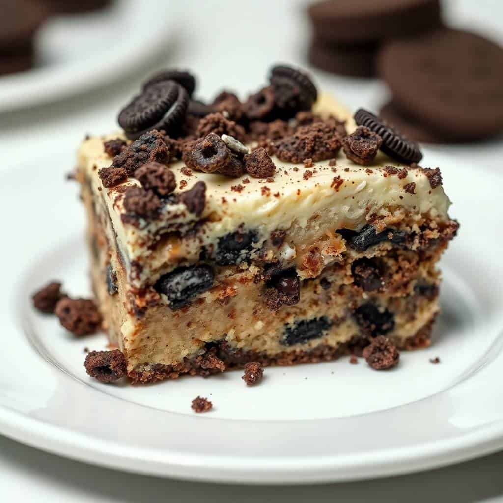 Oreo dump cake slice with cream frosting, chocolate crumble topping, and cookie pieces on white plate.
