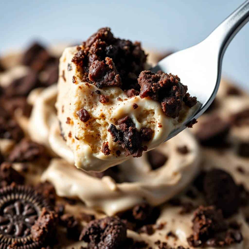 Oreo dump cake served on fork, creamy white layer topped with crushed chocolate cookies.
