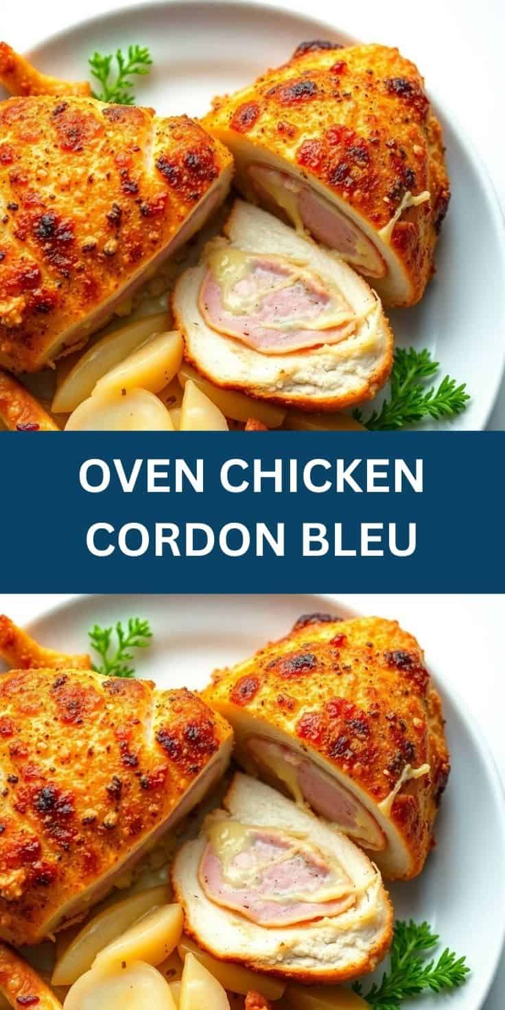 Golden-brown Chicken Cordon Bleu sliced open showing ham and cheese filling, served with potatoes and parsley garnish.
