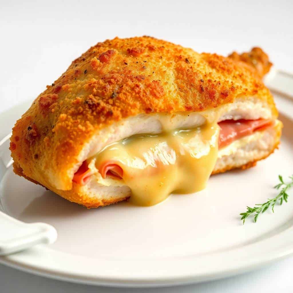 Golden-brown Chicken Cordon Bleu with melted cheese and ham on white plate, garnished with fresh rosemary.