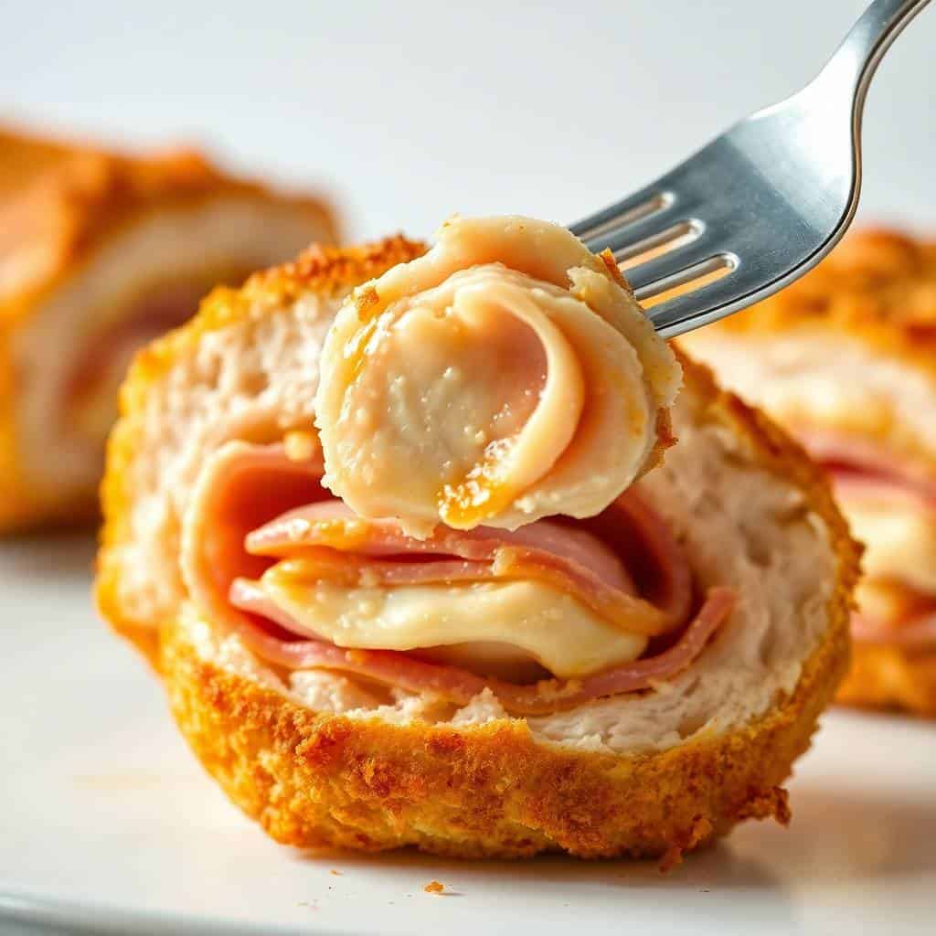 Chicken Cordon Bleu on fork showing golden-brown breading, ham, and melted cheese filling.