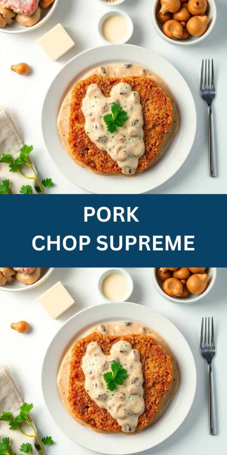 Golden-breaded pork chop topped with creamy sauce and parsley garnish on white plate.