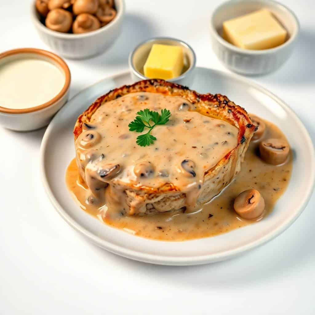 Seared pork chop with creamy mushroom sauce, fresh parsley garnish, served on white plate with ingredients.