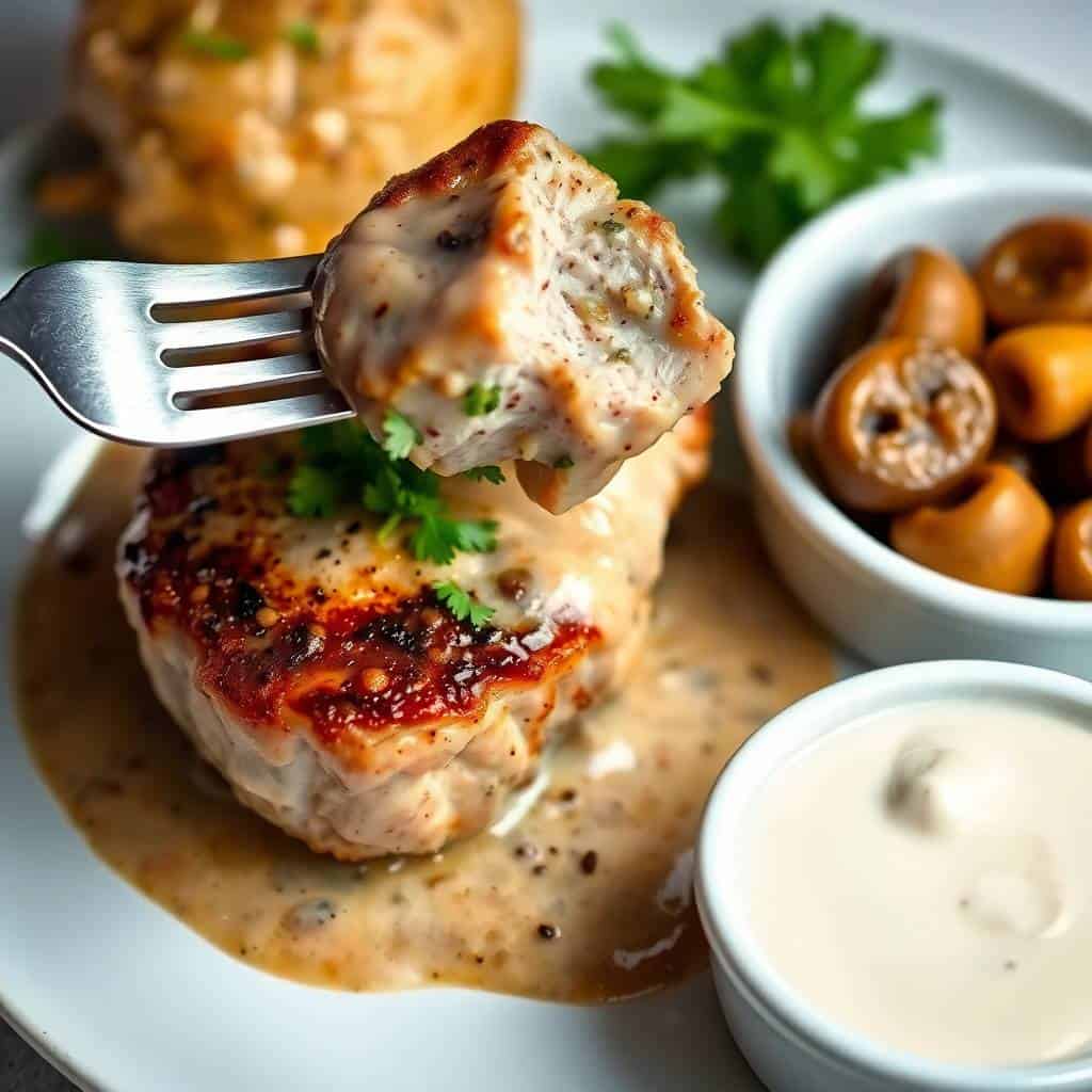 Herb-crusted pork chop on fork with caramelized surface, creamy sauce, and mushroom garnish on white plate.