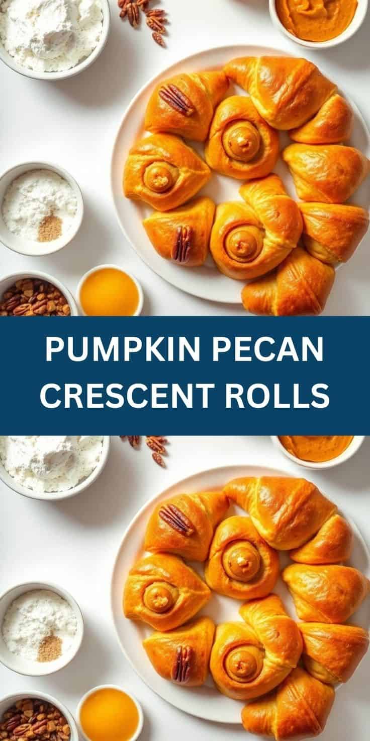 Golden-brown pumpkin pecan crescent rolls arranged on white plate with pecans and ingredients displayed.