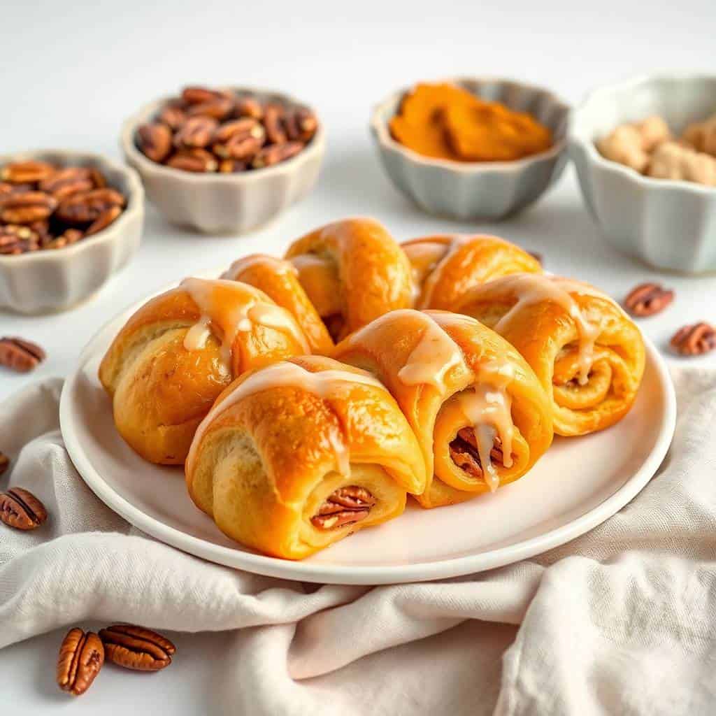 Golden pumpkin pecan crescent rolls on white plate with pecans and pumpkin puree in bowls.