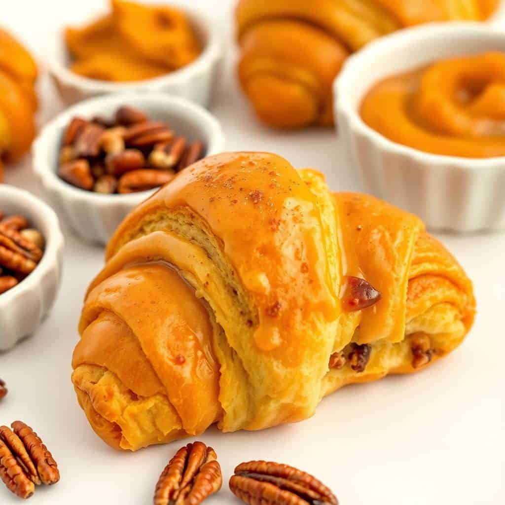 Golden pumpkin pecan crescent rolls with pecans, pumpkin puree, and spiced filling in white bowls.