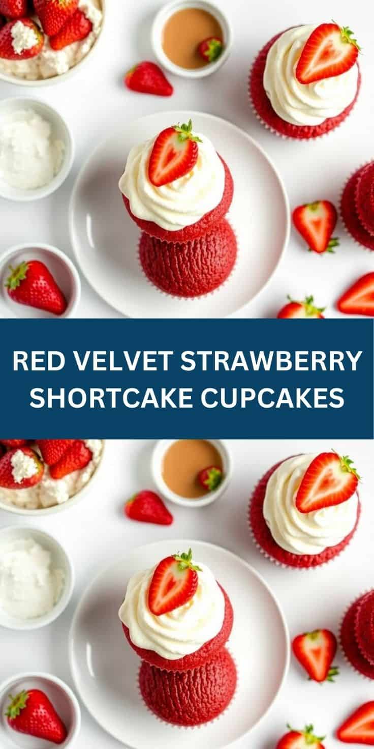 Red velvet cupcakes topped with white frosting and fresh strawberry slices on white plate.