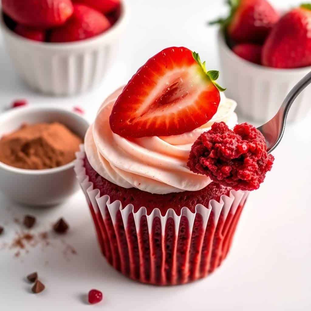 Red velvet cupcake with pink frosting, fresh strawberry slice, and raspberry garnish in red liner.