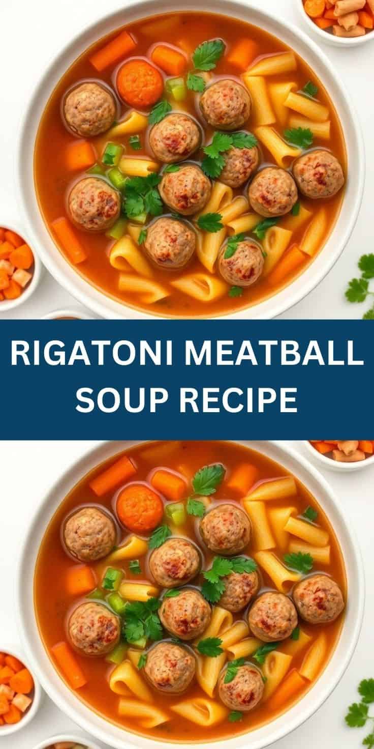 Rigatoni meatball soup with golden pasta, beef meatballs, diced carrots, and fresh parsley in tomato broth.