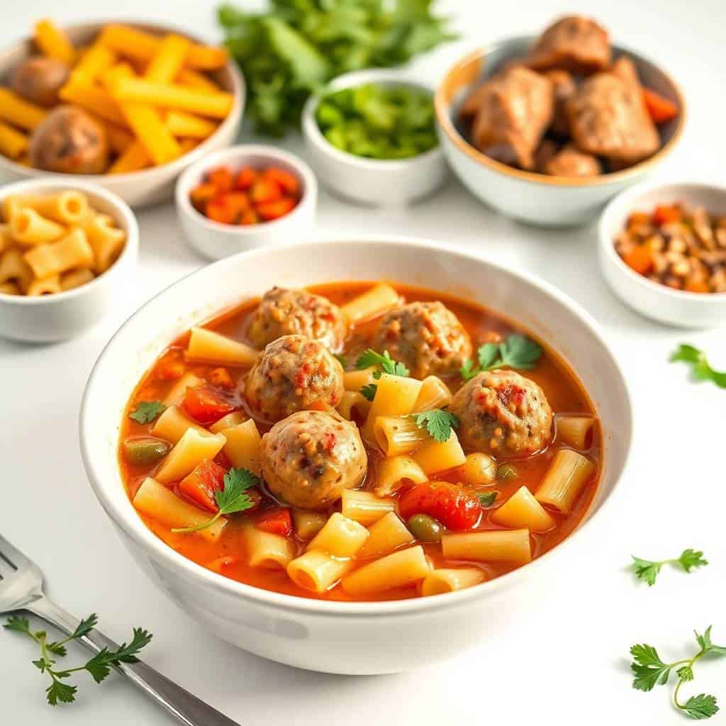Rigatoni meatball soup with pasta, potatoes, and vegetables in a white bowl, garnished with parsley.