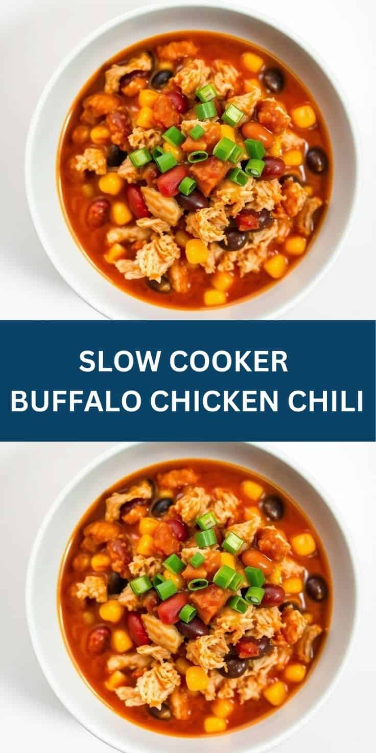 Slow cooker buffalo chicken chili in white bowls, garnished with green onions and served in a rich red broth.