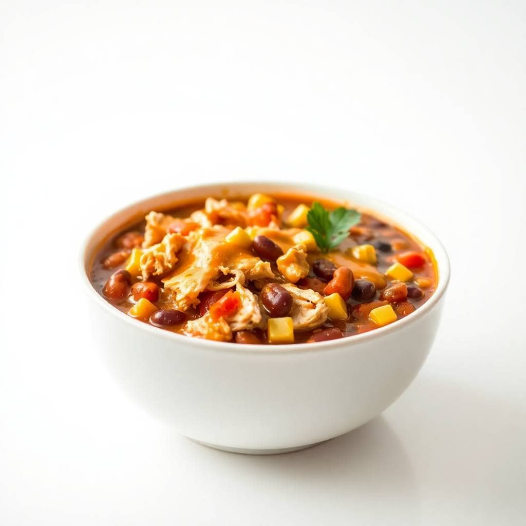 Slow cooker buffalo chicken chili in white bowl with beans, corn, and cilantro garnish.