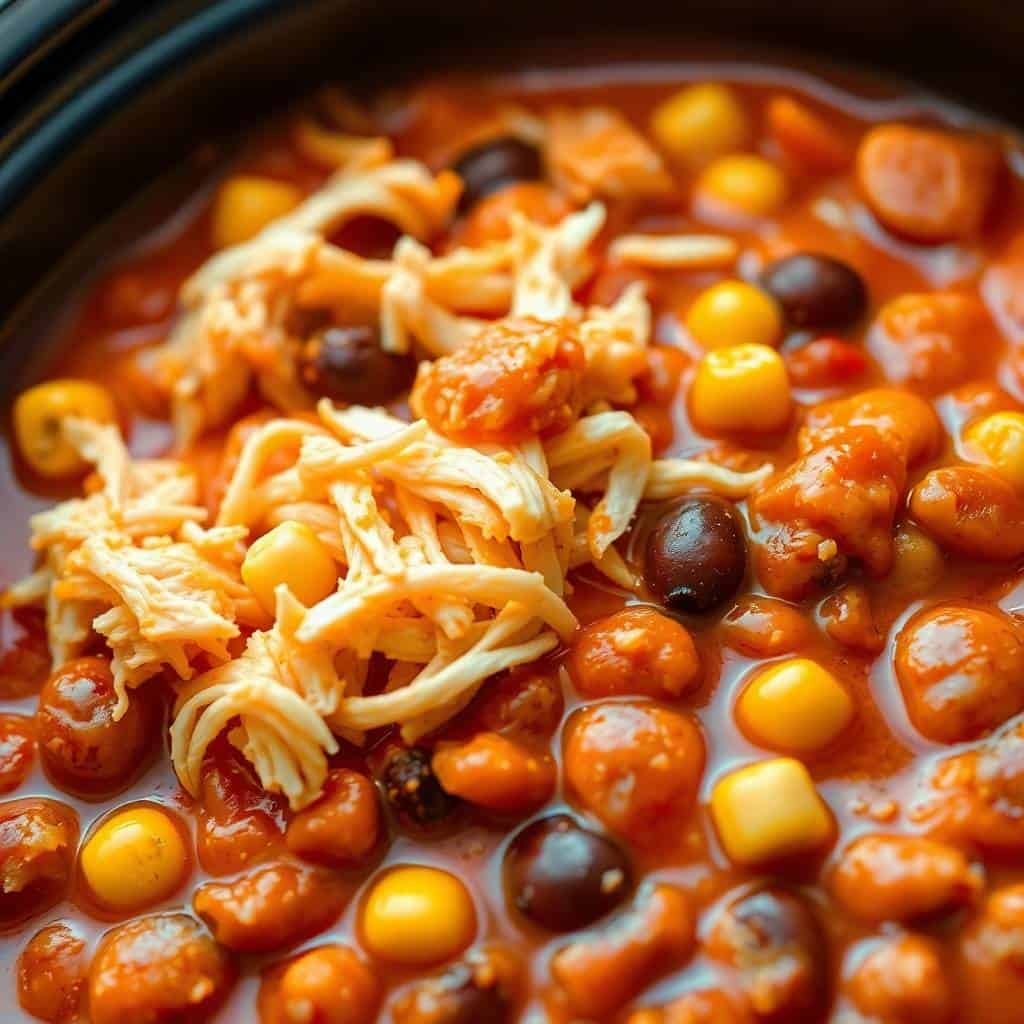 Slow cooker buffalo chicken chili with shredded chicken, beans, and tomato-based sauce in a crockpot.