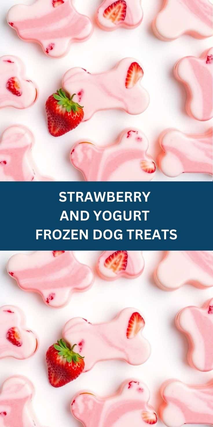 Pink frozen yogurt dog treats shaped like bones with strawberry pieces and fresh strawberry garnish on white background.