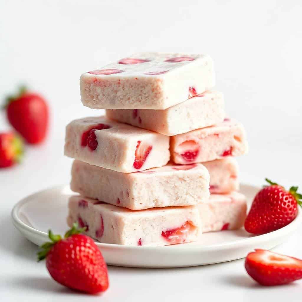 Stacked strawberry and yogurt frozen dog treats on white plate with fresh strawberries.