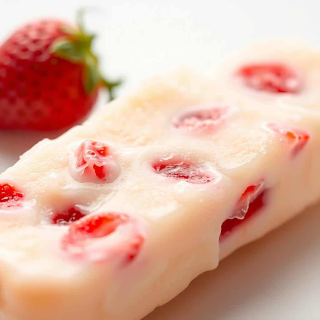 Strawberry and yogurt frozen dog treats with red fruit pieces embedded in creamy white base, fresh strawberry beside.