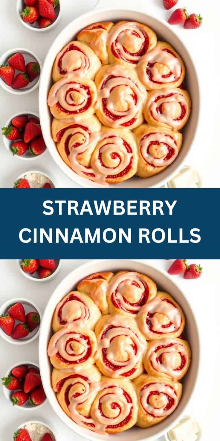 Strawberry cinnamon rolls in white baking dish surrounded by fresh strawberries on white surface.