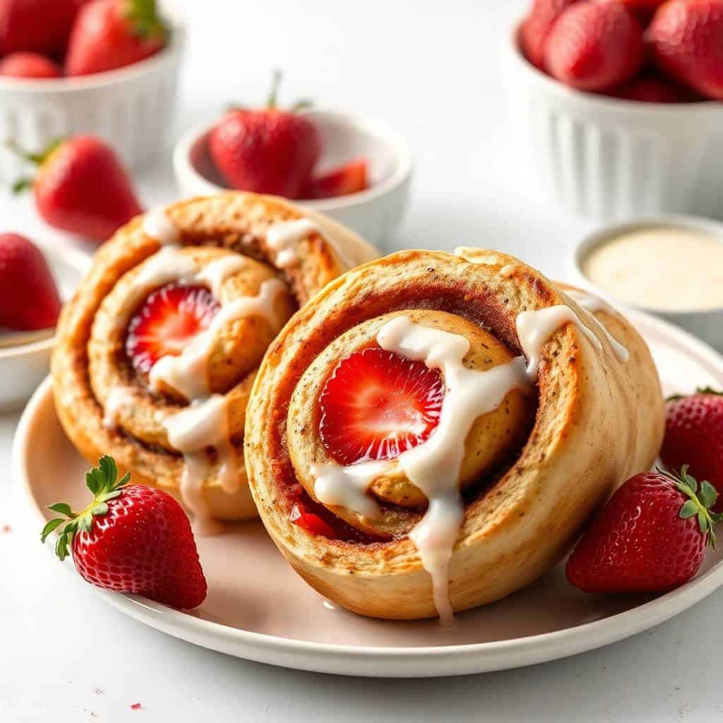 Strawberry cinnamon rolls with white glaze and fresh strawberries on white plate, bowls of berries in background.