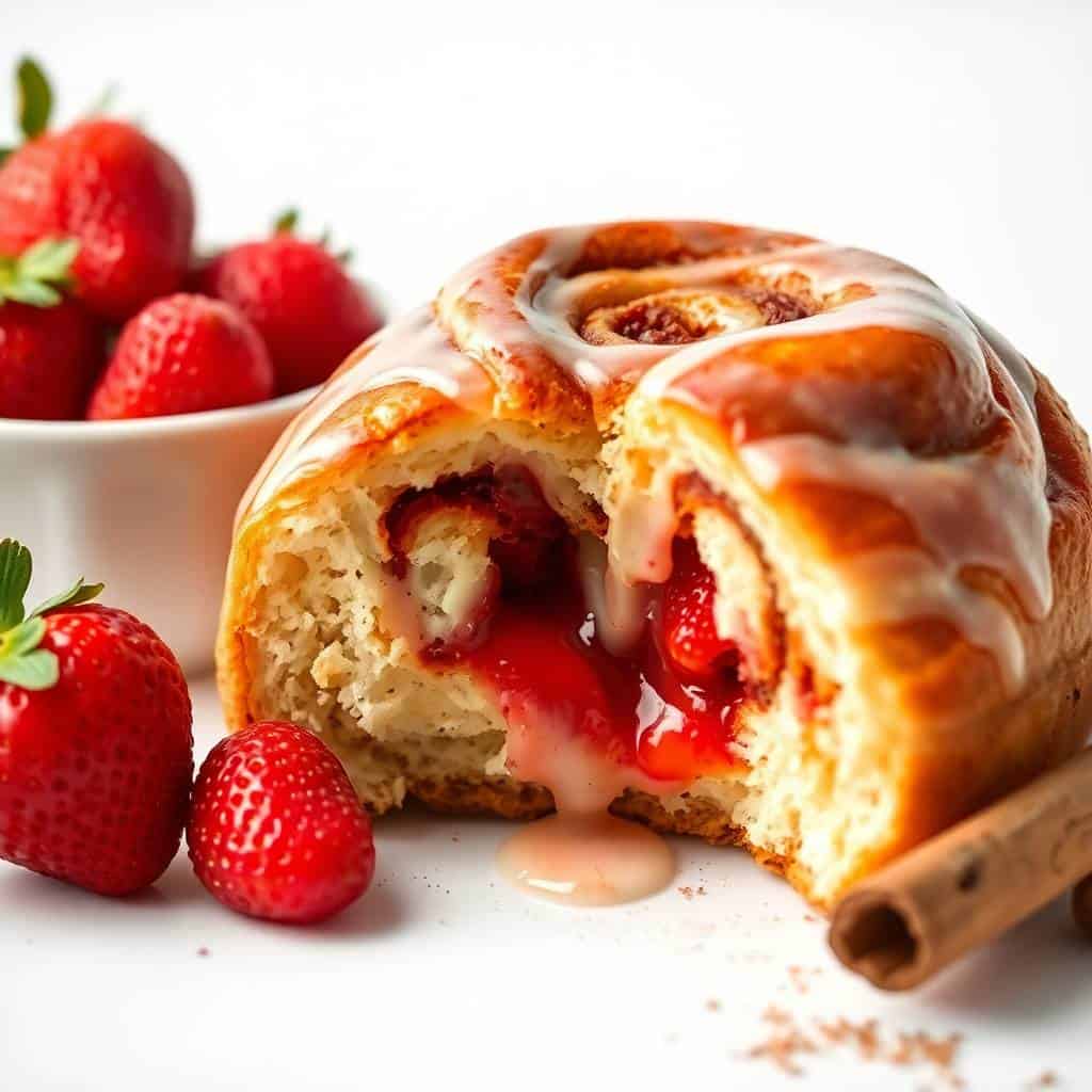 Strawberry cinnamon rolls with white glaze, fresh berries, and cinnamon stick on white surface.