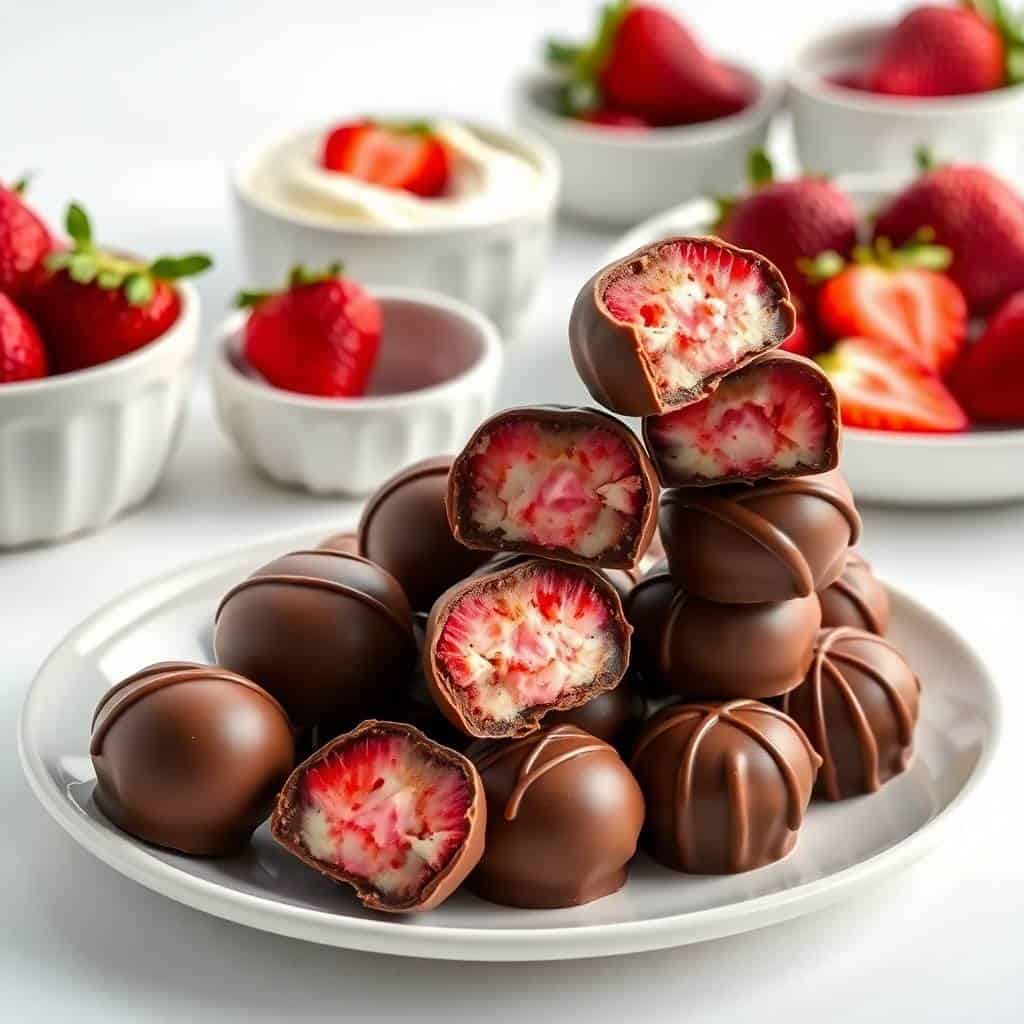 Chocolate-covered strawberry cream candies on white plate with fresh strawberries and cream desserts blurred in background.