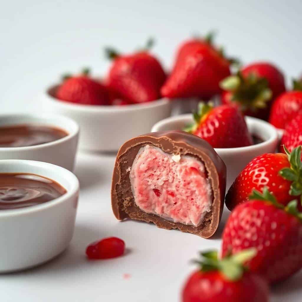 Strawberry cream chocolates with pink filling alongside fresh strawberries and chocolate dipping sauce.