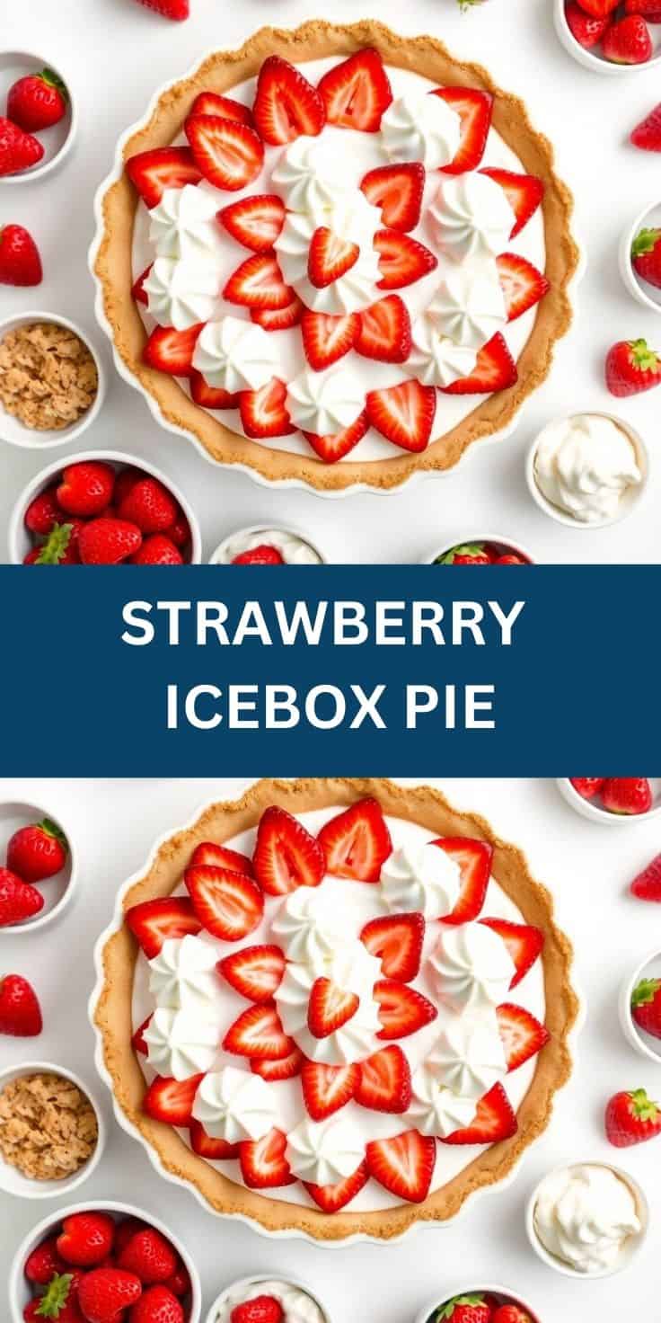 Strawberry icebox pie with graham cracker crust, whipped cream filling, and fresh strawberry slices arranged on top.