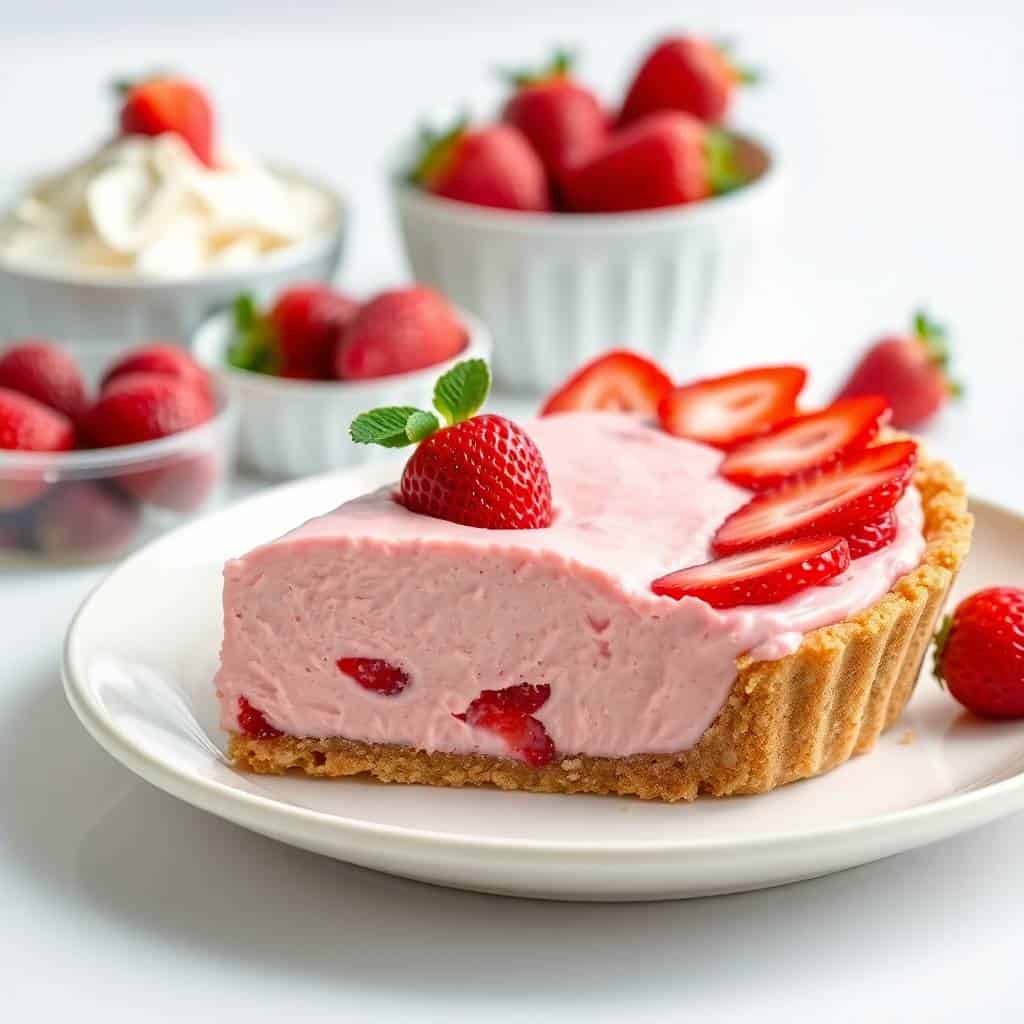 Strawberry icebox pie slice with graham cracker crust, pink filling, fresh strawberries, and whipped cream topping.
