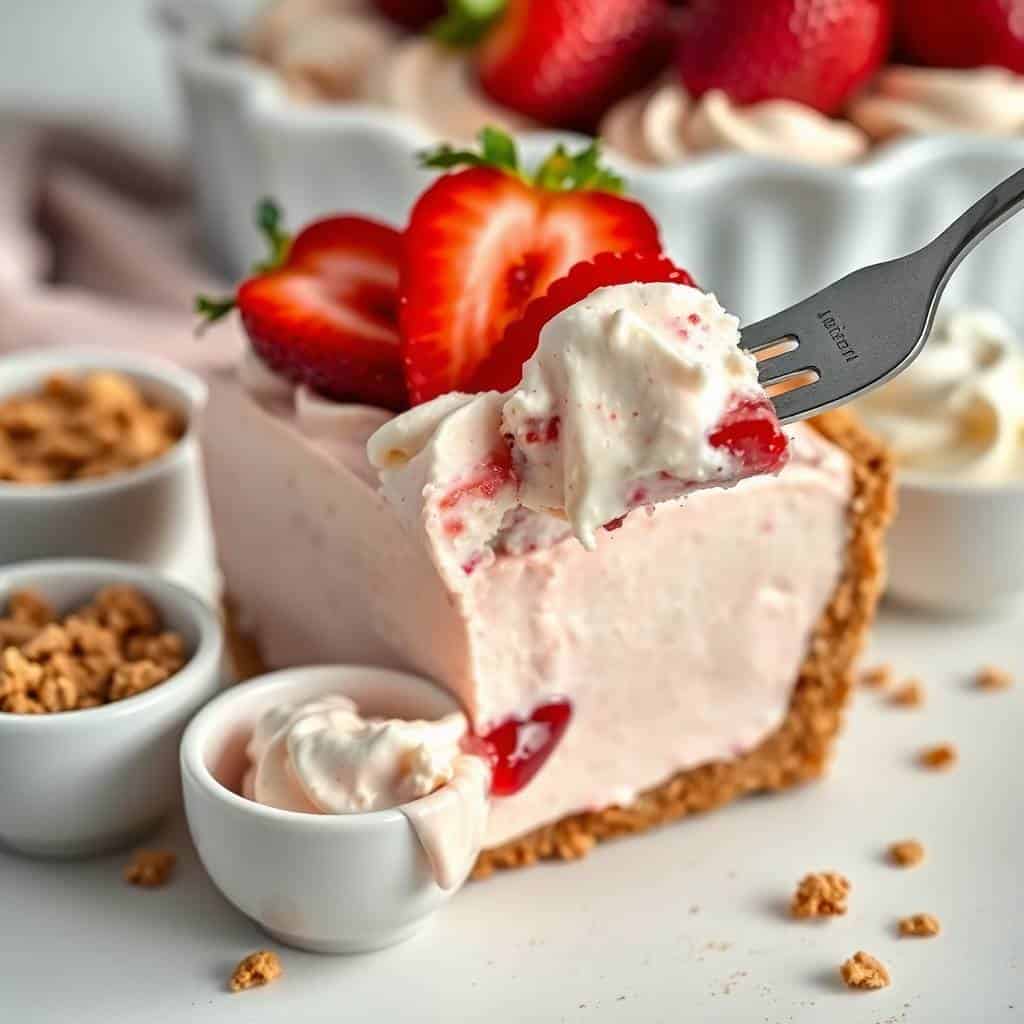 Strawberry icebox pie slice with whipped cream filling, graham cracker crust, topped with fresh strawberry.