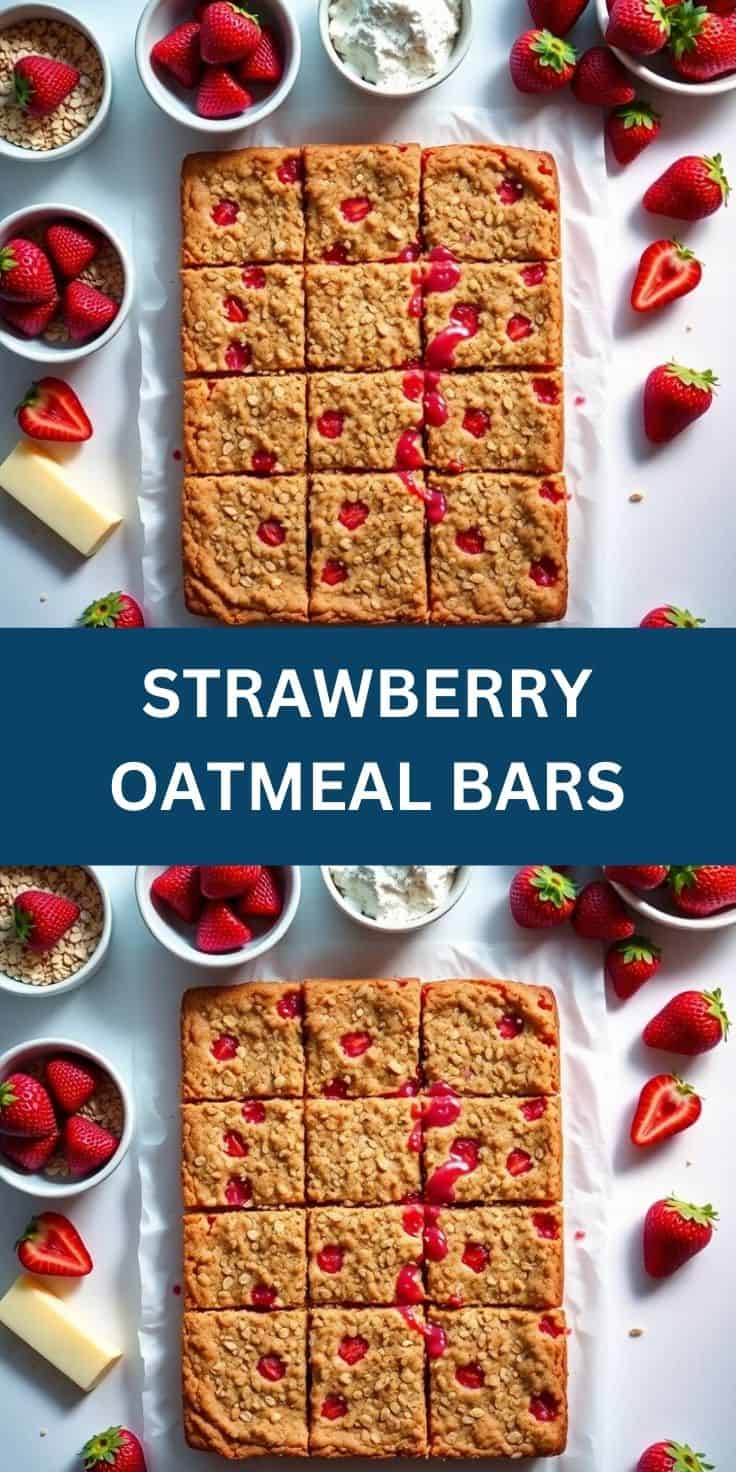 Strawberry oatmeal bars cut into squares with fresh strawberries and ingredients arranged on white surface.