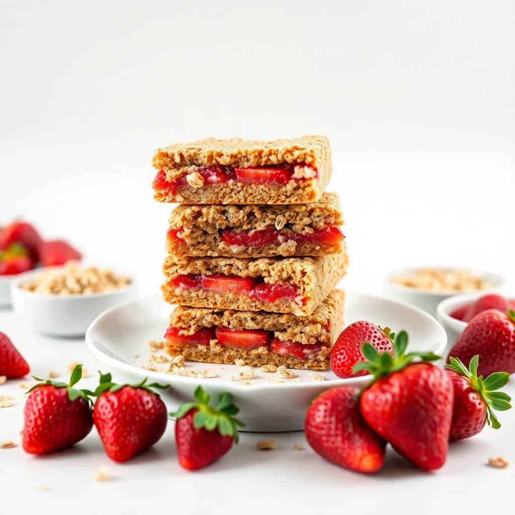 Stacked strawberry oatmeal bars on white plate surrounded by fresh red strawberries.