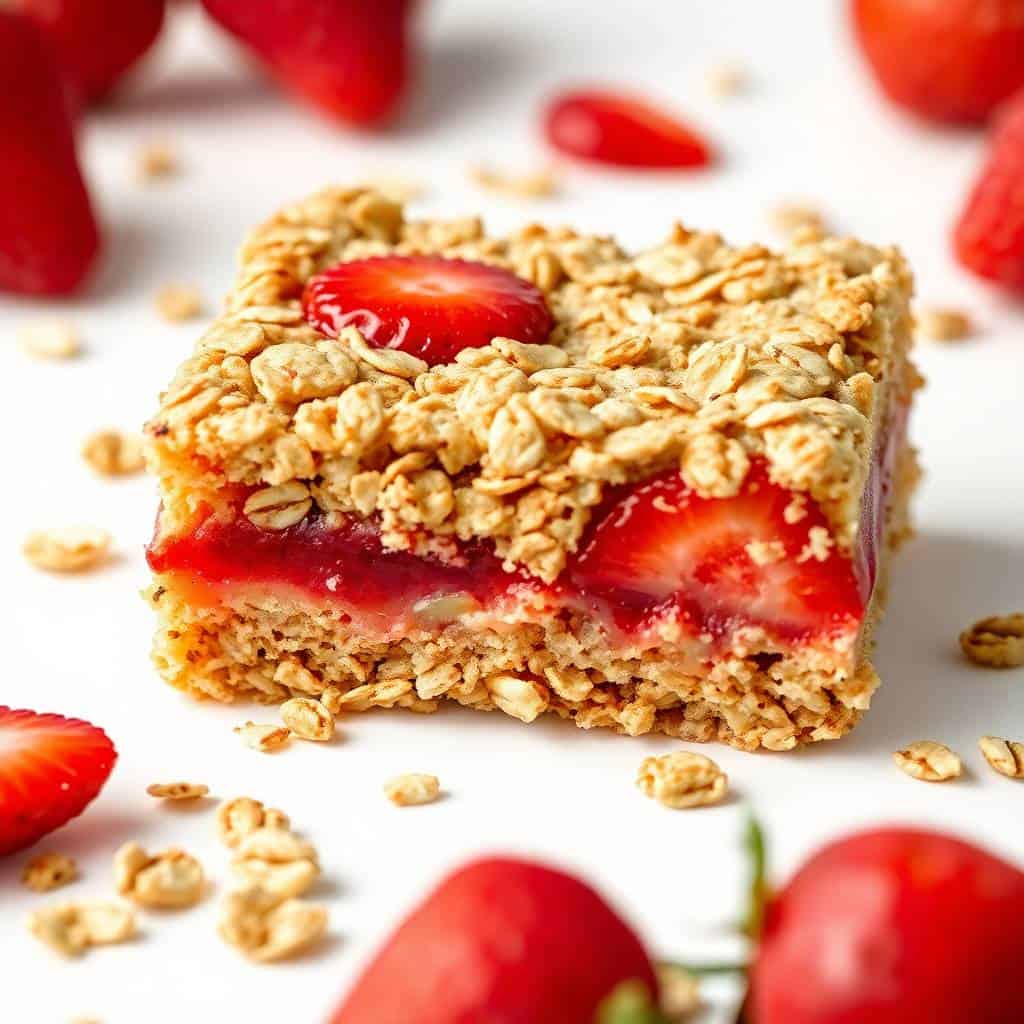 Strawberry oatmeal bar with layers of oats, red jam, and fresh strawberries on white surface.