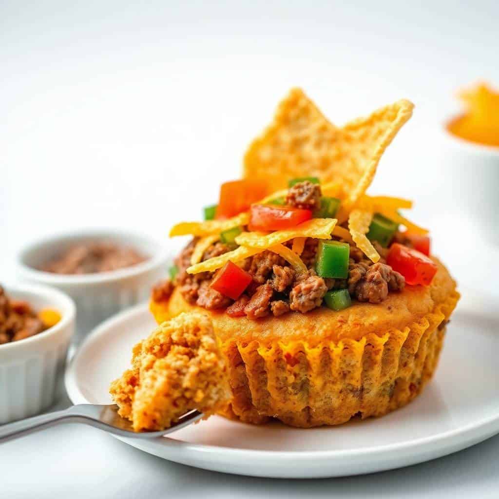 Taco cupcakes with crispy cornmeal cups filled with seasoned ground beef, diced tomatoes, and peppers, served on white plate.
