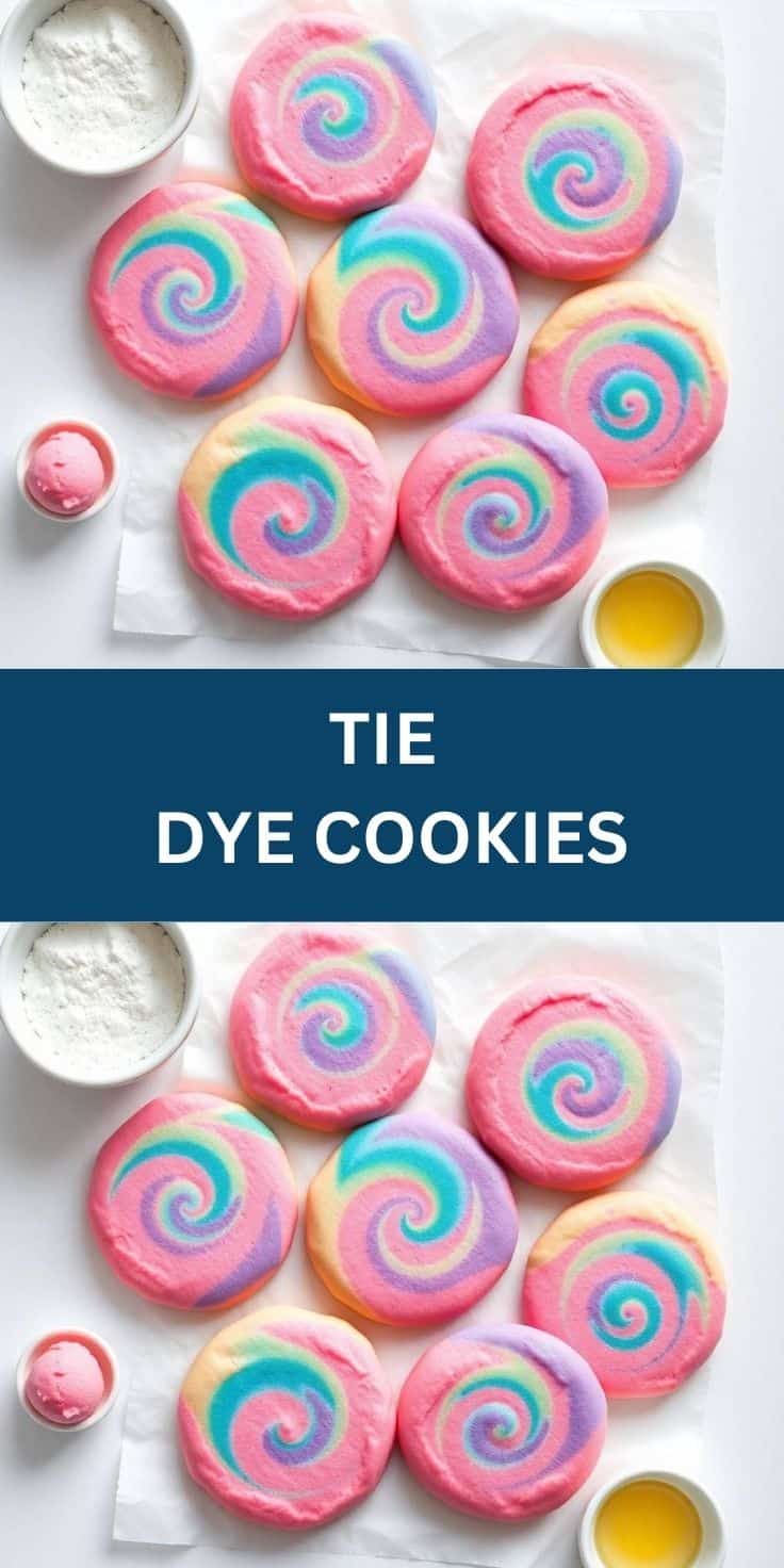 Colorful tie dye spiral cookies with pink frosting and multicolored swirls arranged on white parchment paper.