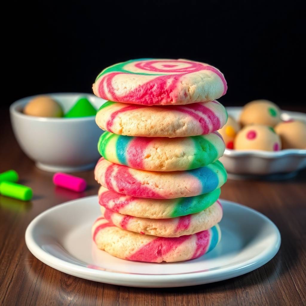 Colorful tie-dye cookies stacked on a white plate with pink, green, and blue swirled patterns.