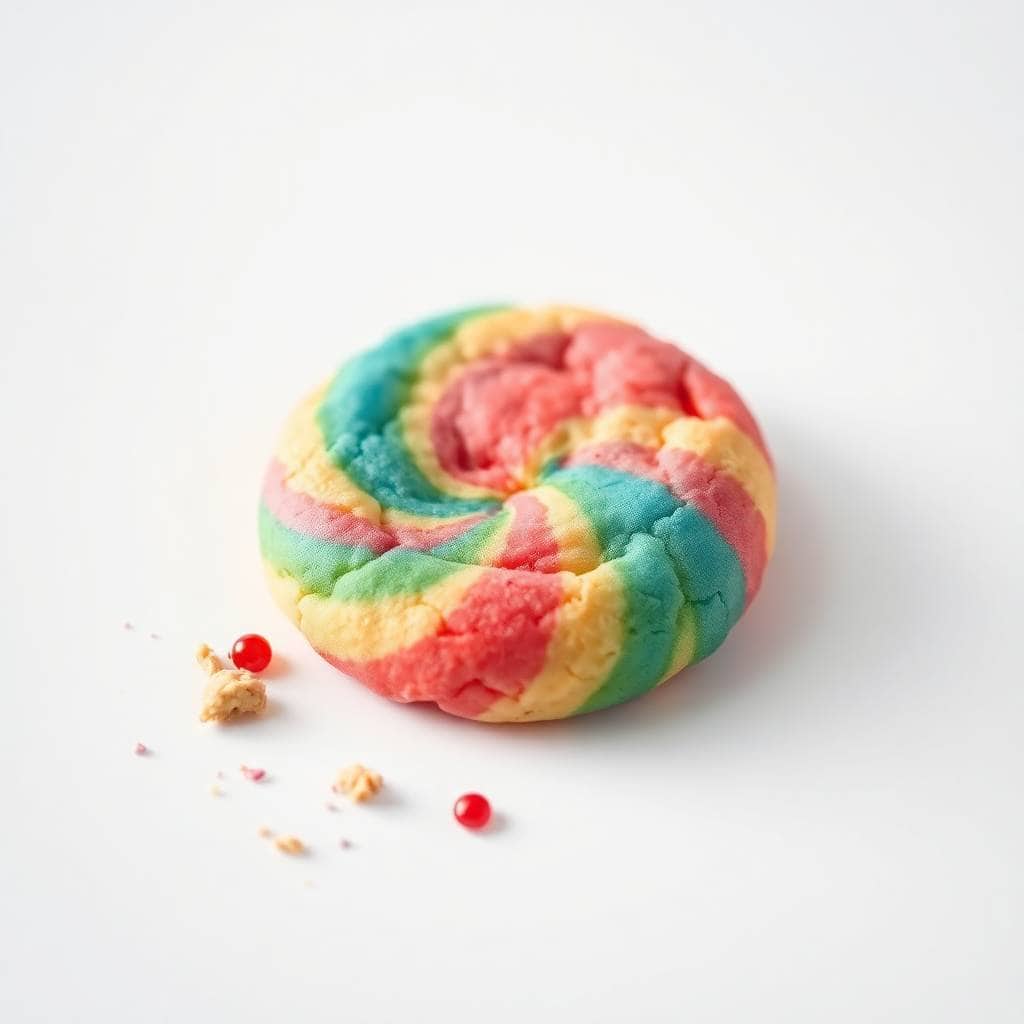 Colorful tie-dye swirled cookie with rainbow stripes of pink, yellow, green, and blue, with crumbs scattered nearby.