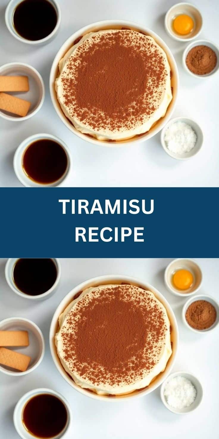 Tiramisu dessert with cocoa powder topping in round dish, surrounded by ingredient bowls including coffee, eggs, and masca...
