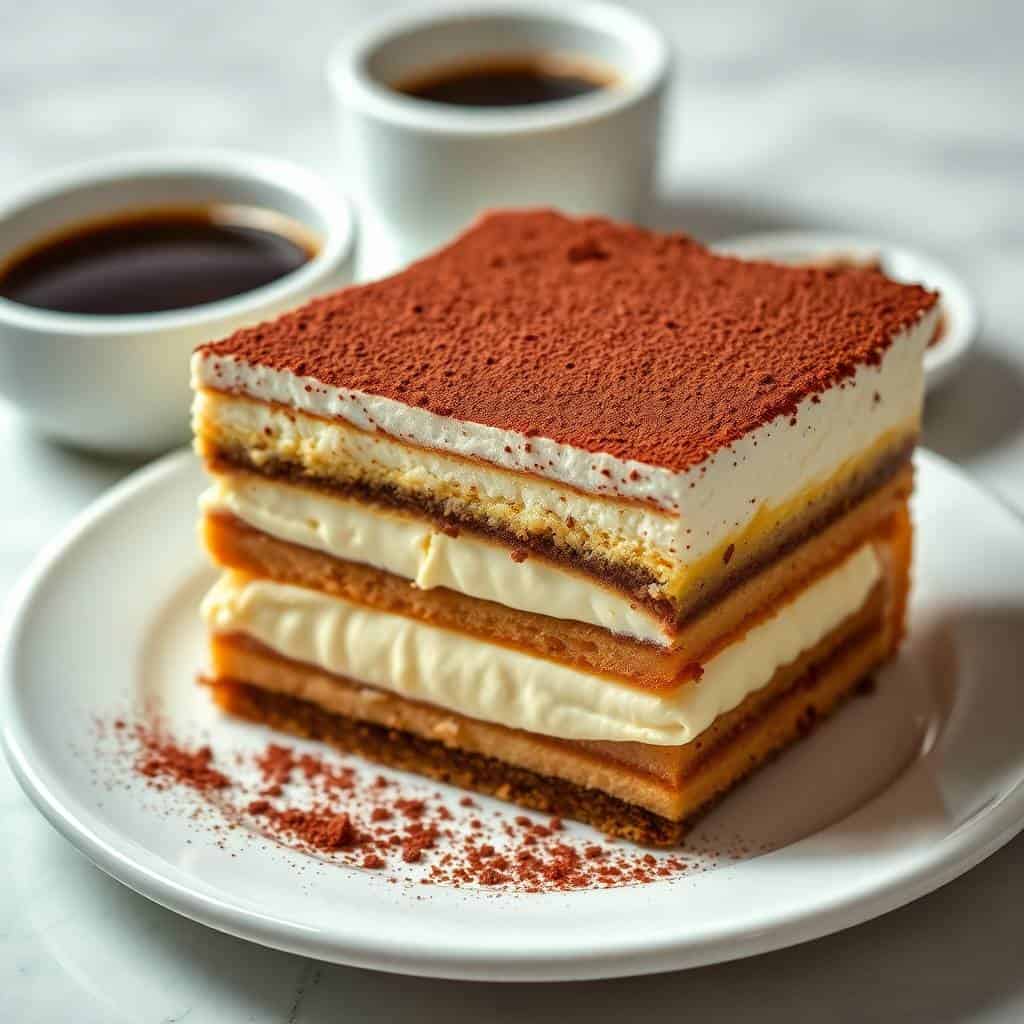 Layered tiramisu slice with cocoa powder dusting on white plate, accompanied by two espresso cups.