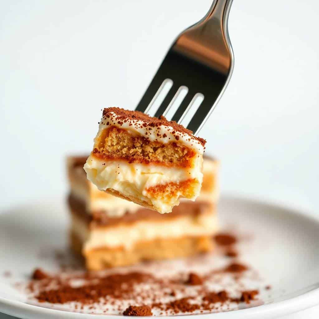 Fork lifting a layered tiramisu slice with cocoa powder dusting over a white plate.